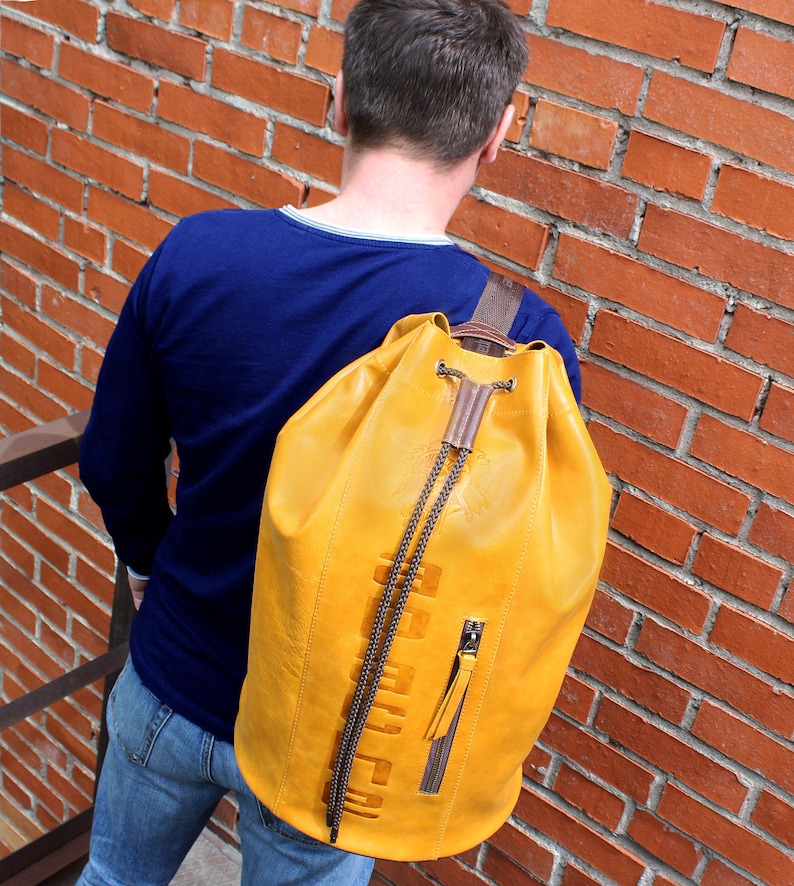 TABASCO Tobacco Yellow sailor bag Men leather drawstring bag Etsy