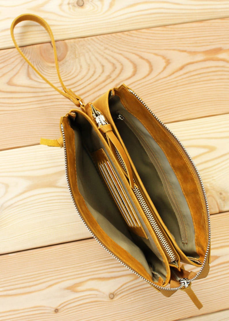 DALTON tobacco yellow leather wristlet bag Yellow clutch Etsy