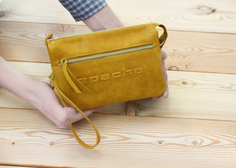 DALTON tobacco yellow leather wristlet bag Yellow clutch Etsy