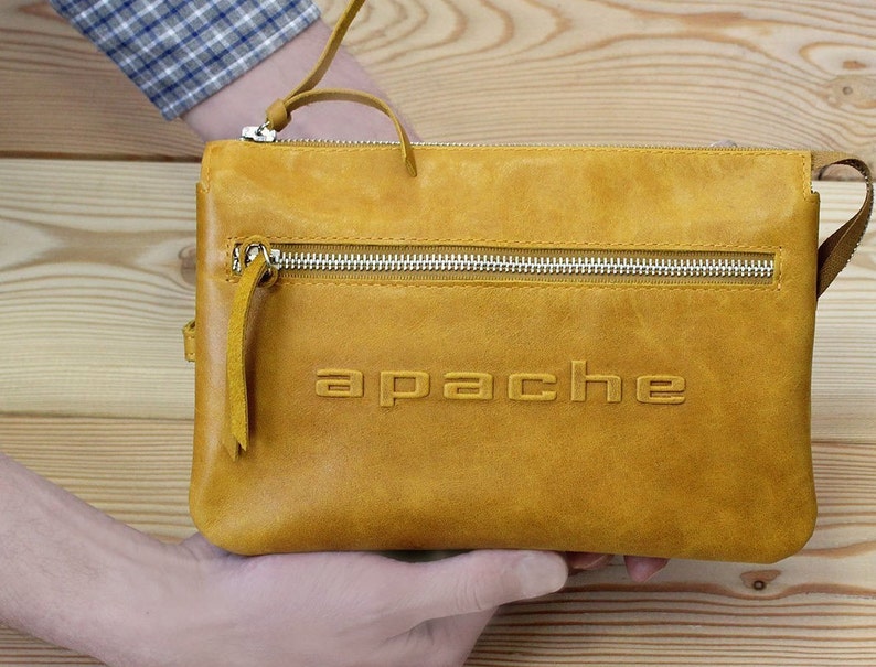 DALTON tobacco yellow leather wristlet bag Yellow clutch Etsy