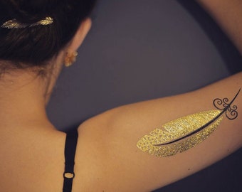 Gold & Silver FEATHER Flash Fake Tattoos, Body Shimmer Jewels for weddings and beach parties, FLASH temporary TATTOOS