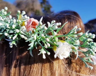 COURONNE de FLEURS et feuilles Printemps, couronne CHAMPETRE pour mariage, baptême, baby shower ou festival faite à la main