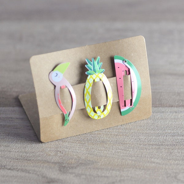 6 BARRETTES tropicales, clips pour CHEVEUX FRUITS et Oiseau, pour bébé ou jeune fille, Motif toucan, pastèque, ananas, Barrettes métalliques