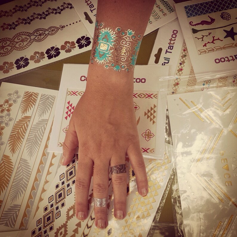Metallic Temporary TATTOOS JEWELRY, METALLIC Tattoos, Gold and Turquoise Fake Tattoos, Skin