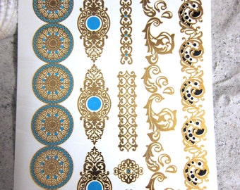 Temporary Jewelry TATTOOS, Gold Metallic Temporary Tattoos, ORIENTAL Flash Gold Tattoos, Bracelets & Rings for the beach or a party !