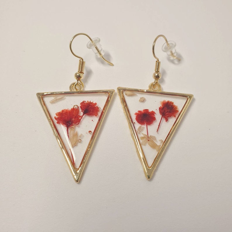 EARRINGS Resin and real FLOWERS, RED Flowers, each of the Earrings is Unique, for Pastoral Wedding or just a Floral Mind image 1