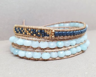 WRAP BRACELET GEMS y Miyuki Abalorios "Islandia", Abalorios Naturales Hematitas Negras y Amazonitas Azules, Miyuki y Abalorios Minerales, Joyería Hecha a mano