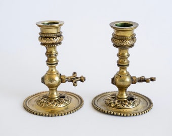 Vintage Set of 2 Brass Candle Holders, Chamberstick, Push Up, Candlestick, Adjustable Candle Holder