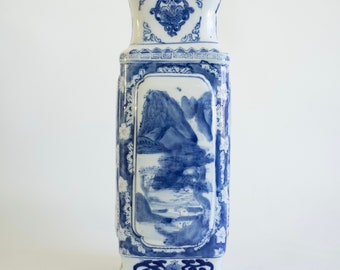 Blue and White Vintage Chinese hand painted Vase, Jar, Tea Jar, Temple Jar Flowers, ceramic rare faceted straight tall