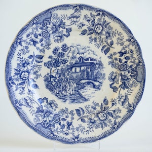 Piatto raro blu transferware scenico Ironstone blu