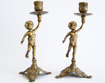 Pair Antique Brass Cherub Candlestick Holder Christmas Candlestick Angel Decorative Pineapple Base