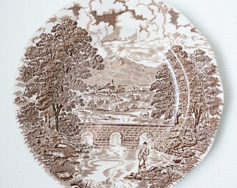 Vintage Set Three 2x dessert Plates England Bridge Scenes Crown Ducal Blue Ceramic Country House Ironstone Tableware Brown