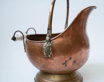 Vintage Copper Coal Scuttle with Brass Delft Handles and lion heads, Vintage Copper Planter 15cm