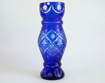 Czech Bohemian Vintage Cobalt Blue Cut to Clear Crystal Cut Glass Vase 32 cm