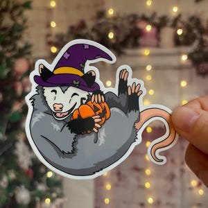 Halloween opossum with pumpkin sticker - weatherproof 3 inch vinyl sticker