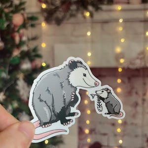 Mother and baby opossum sticker - opossum with herringbone - weatherproof 3 inch vinyl sticker