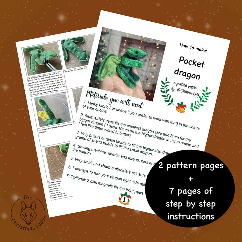 Puede incluir: Un patr&oacute;n imprimible para un drag&oacute;n de bolsillo, con 2 p&aacute;ginas de patr&oacute;n y 7 p&aacute;ginas de instrucciones paso a paso. El patr&oacute;n incluye una lista de materiales necesarios, como tela minky, ojos de seguridad y bolitas de polietileno.