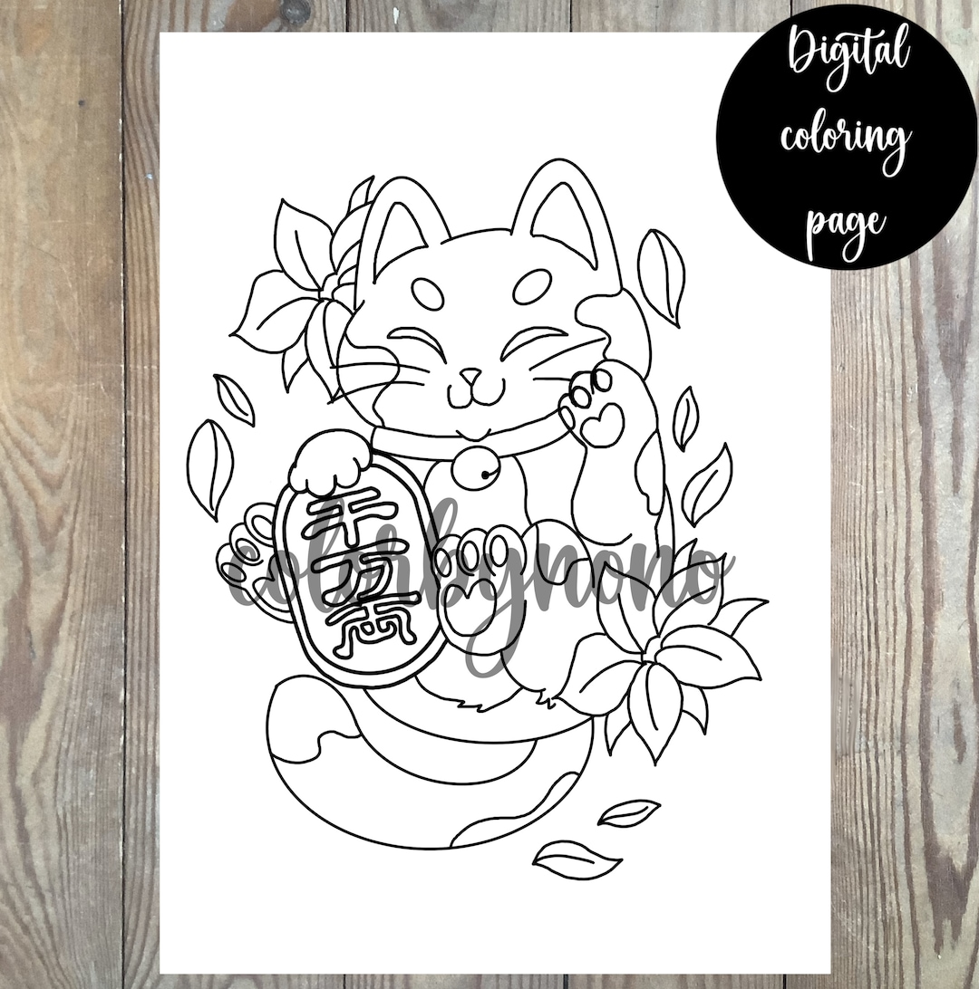 Maneki Neko Coloring Page Japanese Lucky Cat - Etsy