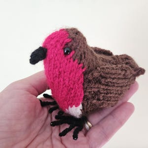 May include: A handmade knitted bird with a red breast and head, brown back and wings, and black beak and feet. The bird has a white patch under its beak and a black eye. The bird is a robin.
