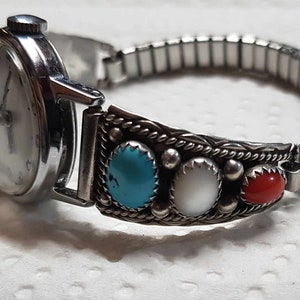 Navajo Turquoise and Red Coral Sterling Watch Stretch Band Hallmark SC image 1
