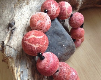 Sponge Coral Bead Necklace, Black Glass Beads, South China Sea, Lovely for Mother Day Circa 1950's