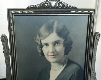 Roaring 20's  Swinging Gilt Picture Frame and Original Photo of Young Woman with Joan Crawford Hair Circa 1920's