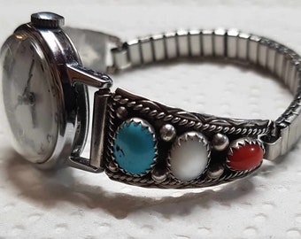 Navajo Turquoise and Red Coral Sterling Watch Stretch Band Hallmark SC