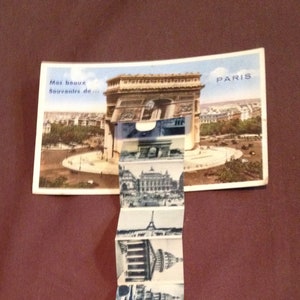 Vintage carte postale manuscrite de Paris avec images cachées dépliées vers 1953