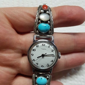 Navajo Turquoise and Red Coral Sterling Watch Stretch Band Hallmark SC image 2