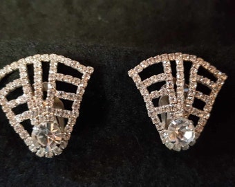 Art Deco Era Clip on Rhinestone fan Shape Earrings