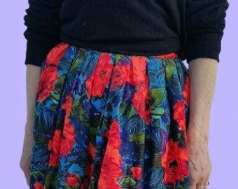 Authentic 50's Swing Skirt Floral Print  (Size XS) Cinched Waist, Brightly Colored, Made in Germany, Circa 1950's