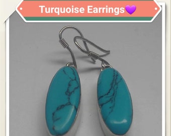 925 Silver Pierced Earrings, Gorgeous Turquoise & Silver Stamped 925 Dangle Earrings,, Cute for Spring, Birthstone - December