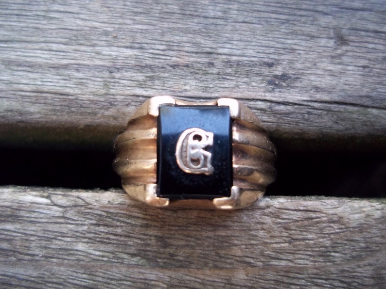 10k Black Onyx Signet Ring Initial G Size 8 Vintage Circa 1930/'s Fall Fashion