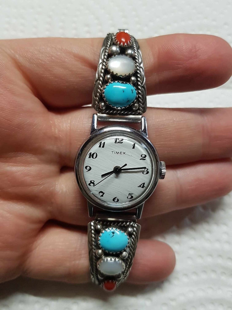 Navajo Turquoise and Red Coral Sterling Watch Stretch Band Hallmark SC image 2