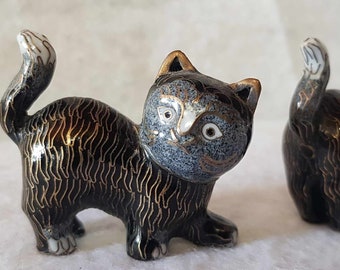 Chinese Cloisonne Cats Pair Vintage Brass Enamel 1970's