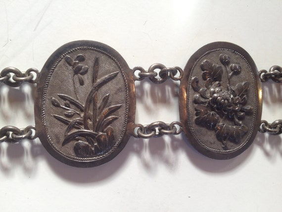 Vintage Chinese export silver floral engraved metal panel belt Fantastic Old Chinese Export Silver Belt 17 Large Panels or  main image 4