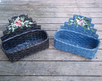 Antique Black Ash Wall Baskets, Hand Painted Mi'kmaq  Artist Signed Baskets,  Perfect Holiday Decor 1900's