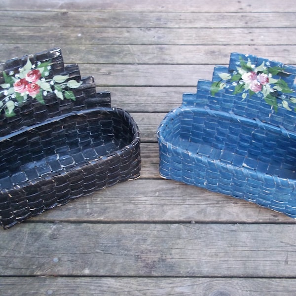 Antique Black Ash Wall Baskets, Hand Painted Mi'kmaq  Artist Signed Baskets,  Perfect Holiday Decor 1900's