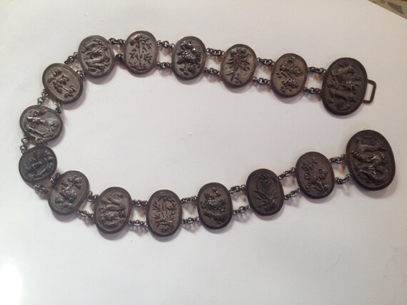 Vintage Chinese export silver floral engraved metal panel belt Fantastic Old Chinese Export Silver Belt 17 Large Panels or  main image 2