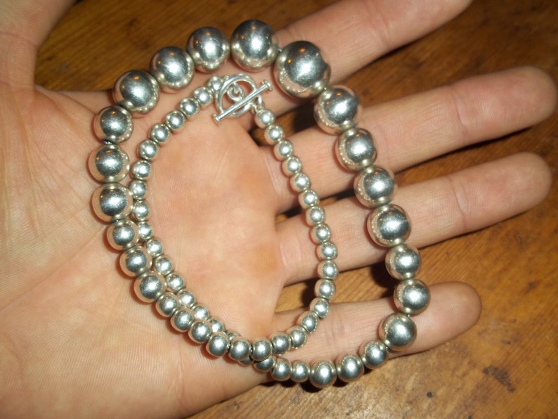 925 Silver Bead Necklace Graduated Beads Stamped with Toggle Clasp 64 Grams Gorgeous for the Holidays