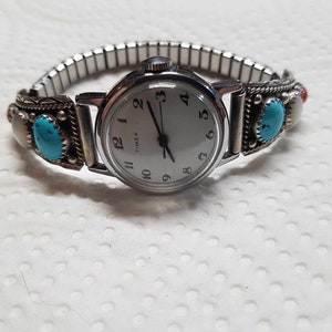 Navajo Turquoise and Red Coral Sterling Watch Stretch Band Hallmark SC image 3