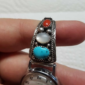 Navajo Turquoise and Red Coral Sterling Watch Stretch Band Hallmark SC image 5