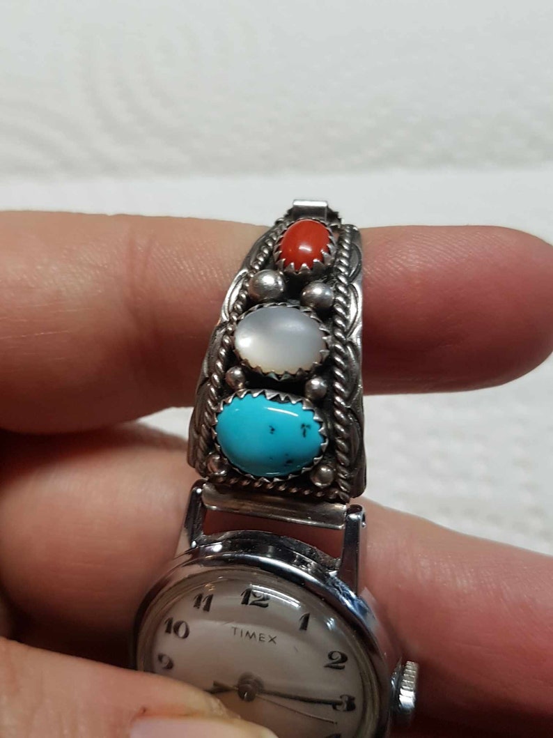 Navajo Turquoise and Red Coral Sterling Watch Stretch Band Hallmark SC image 5