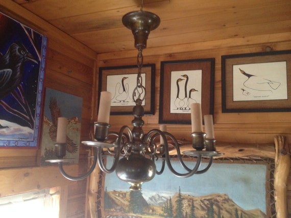Brass Chandelier B A G Turgi Switzerland 6 Arm Ceiling Lamp With Original Wiring Candle Light Style Bauhaus Era Circa 1920 S