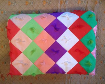 Hand Tied Quilt, Bright Carnival Colors, Candy colored Cotton Crepe Top  with Tiki Fabric Backing Mid Century, Circa 1960's