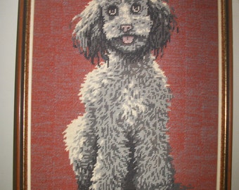 Vintage Grey Poodle Needlepoint Framed Wallhanging Circa  1960's 1970's