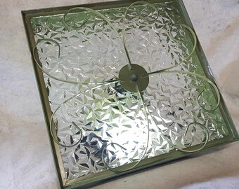 Fab MCM Ceiling Light Fixture, Avocado Green, Crystal Glass 1960's 1970's