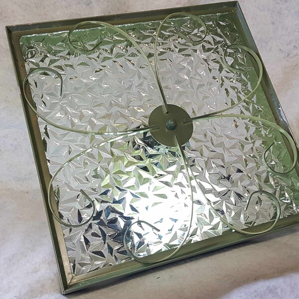 Fab MCM Ceiling Light Fixture, Avocado Green, Crystal Glass 1960's 1970's