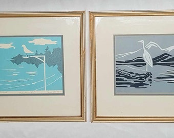 Vintage Wood Block Prints Signed "Jean Tracy" Ocean/ Seascape Bird themed Prints Circa 1940's 1950's