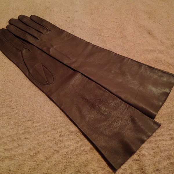 Gorgeous French  Kid Gloves  Elbow Length Taupe Color Circa 1950's 1960's